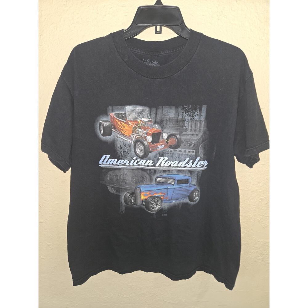 VintageAmerican Roadster Car Racing Black Graphic Black Tee Shirt, Size Large